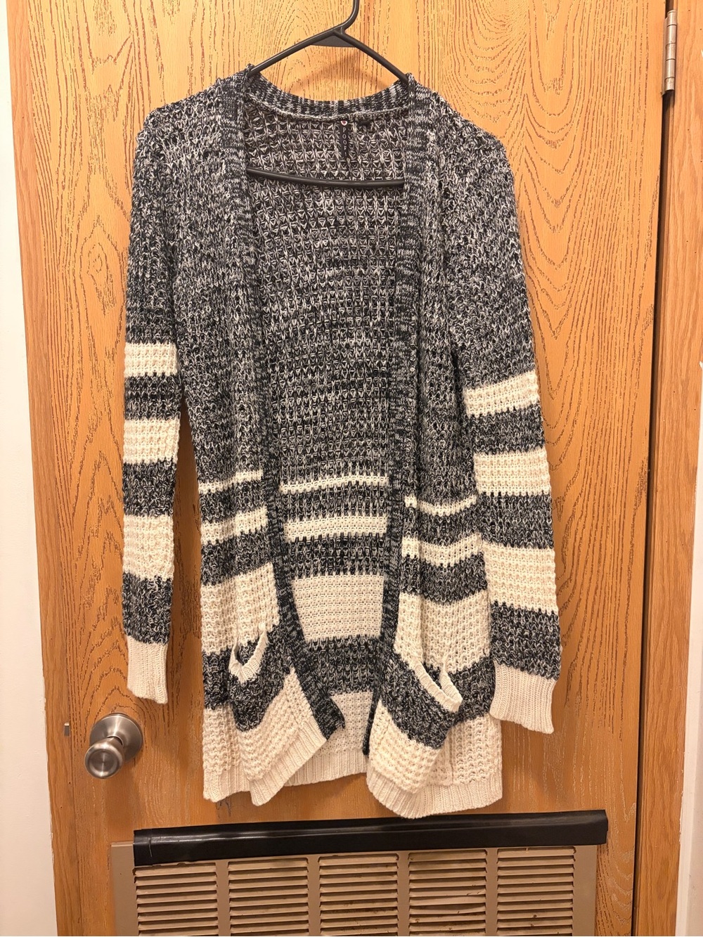 Poof! Black & Cream Striped Open-Front Cardigan